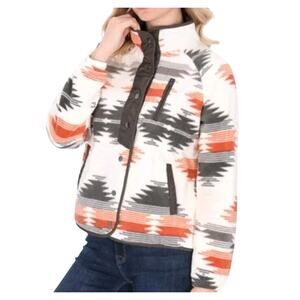 Western Aztec Snap Buttoned Fleece Jacket Cream Grey Burnt Orange Women's Large